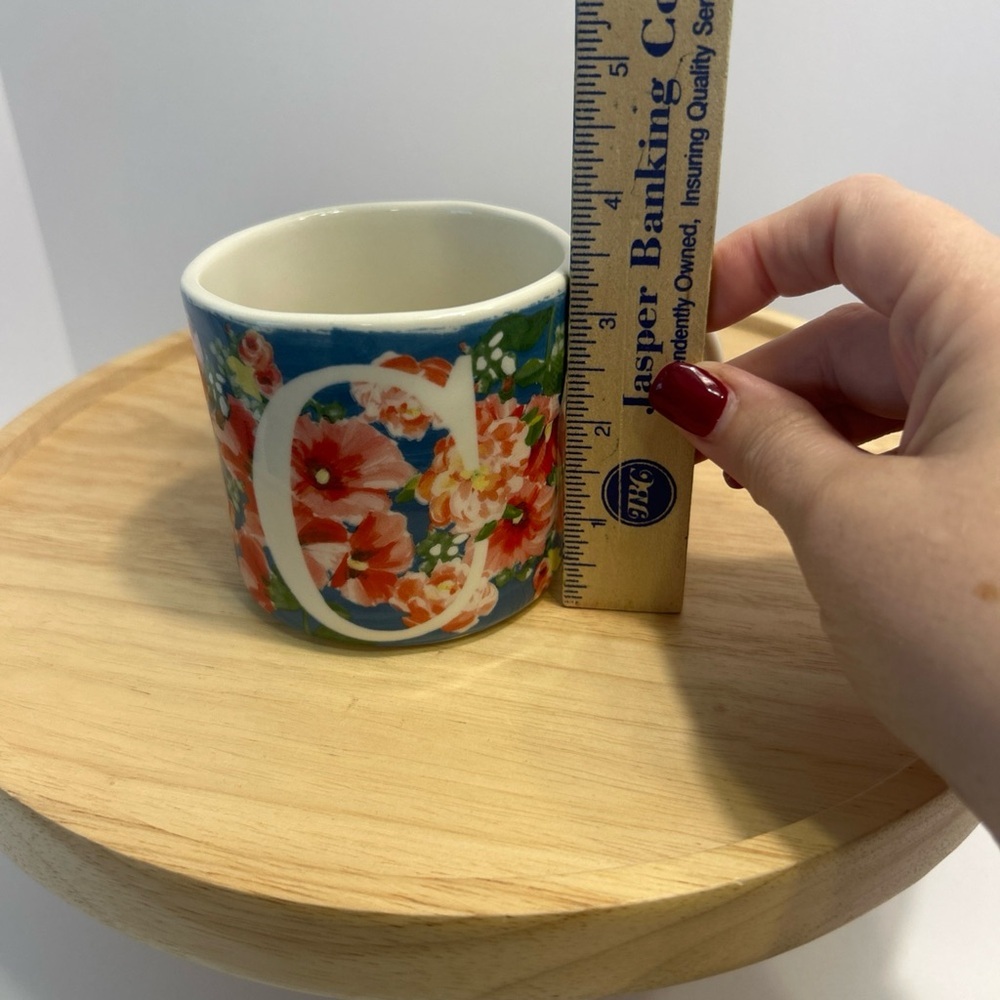Anthropologie Dawn Monogram Mug Initial C Watercolor Blooms Blue Coral - Picture 7 of 7